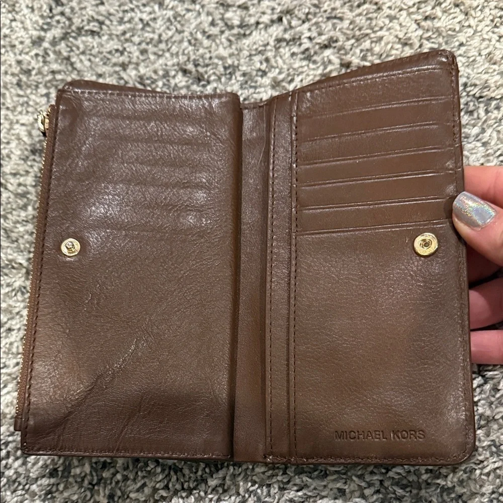 Michael Kors Monogram Brown Tan Wallet big valley studded clutch MK designer